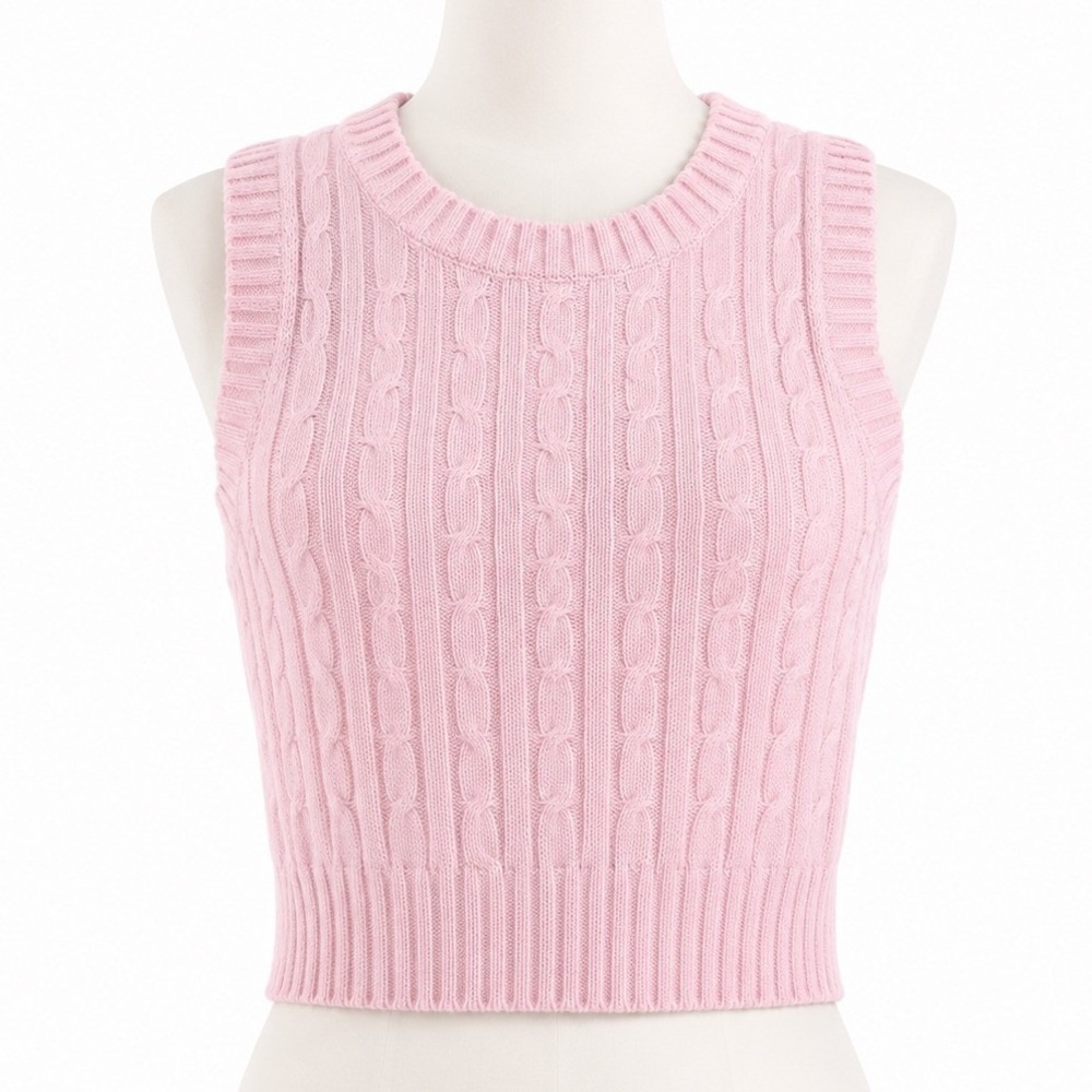 H&M Divided Pink Cable Knit Sweater Vest XS Cropped Balletcore Schoolgirl Preppy